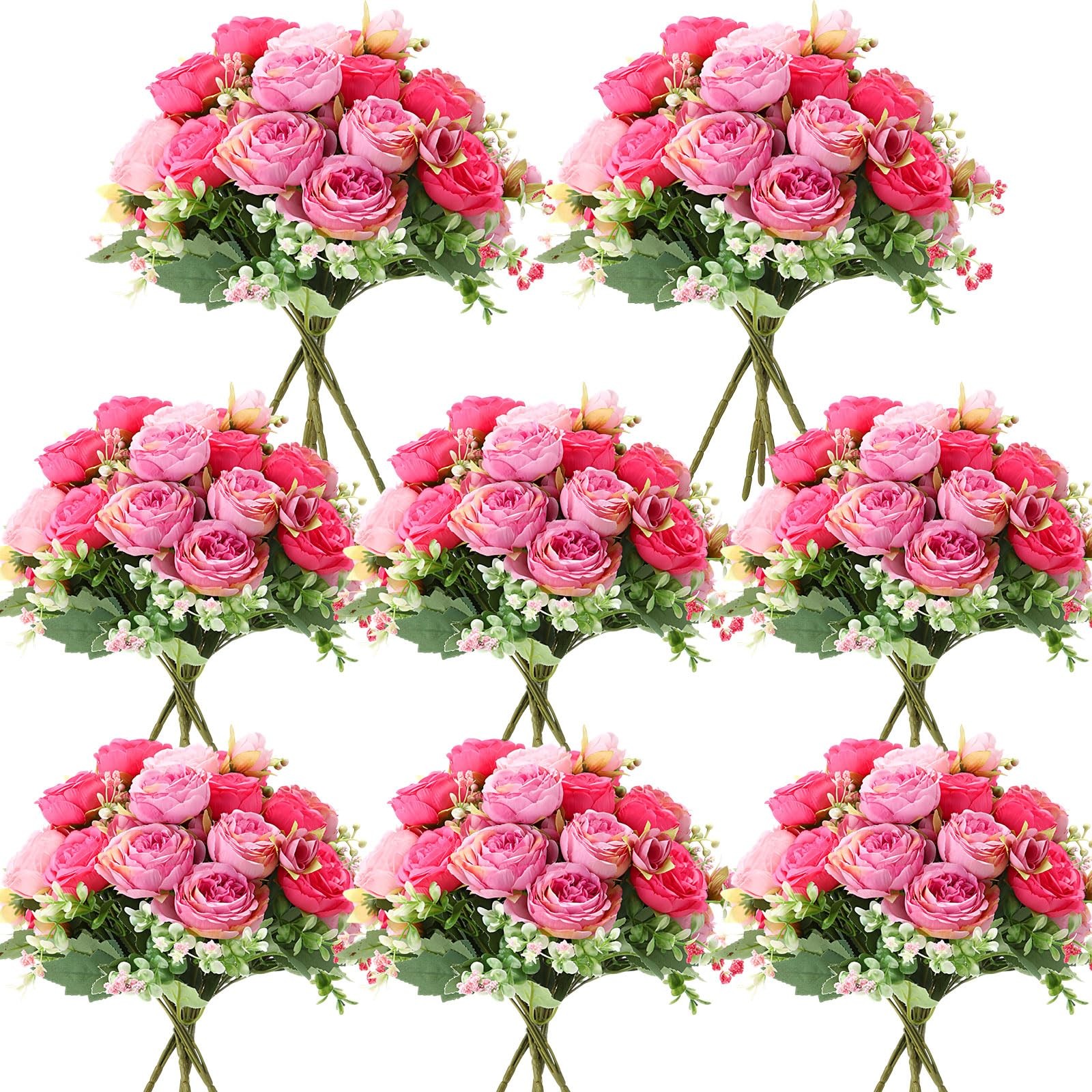 8 PCS Artificial Peonies Flowers Silk Peony Bouquet Floral Rose Pink Decor