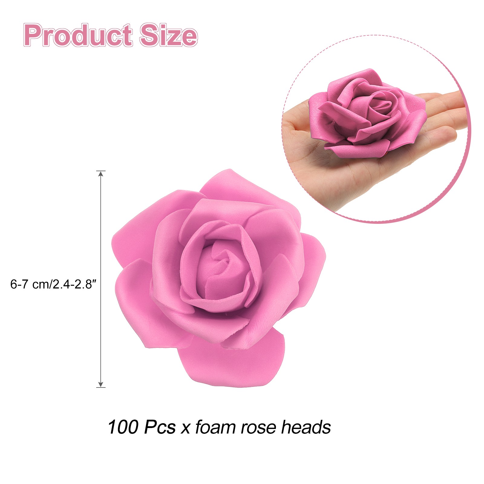 100pcs Foam Rose Heads 6-7 Cm for DIY Crafts Accessories, Dark Pink