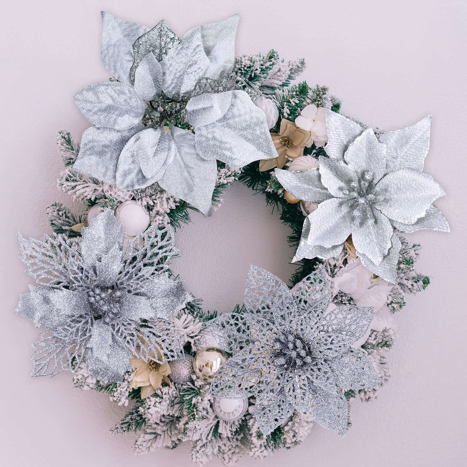 24 Pcs 4 Styles Christmas Silver Metallic Mesh Glitter Artificial Poinsettia Flo