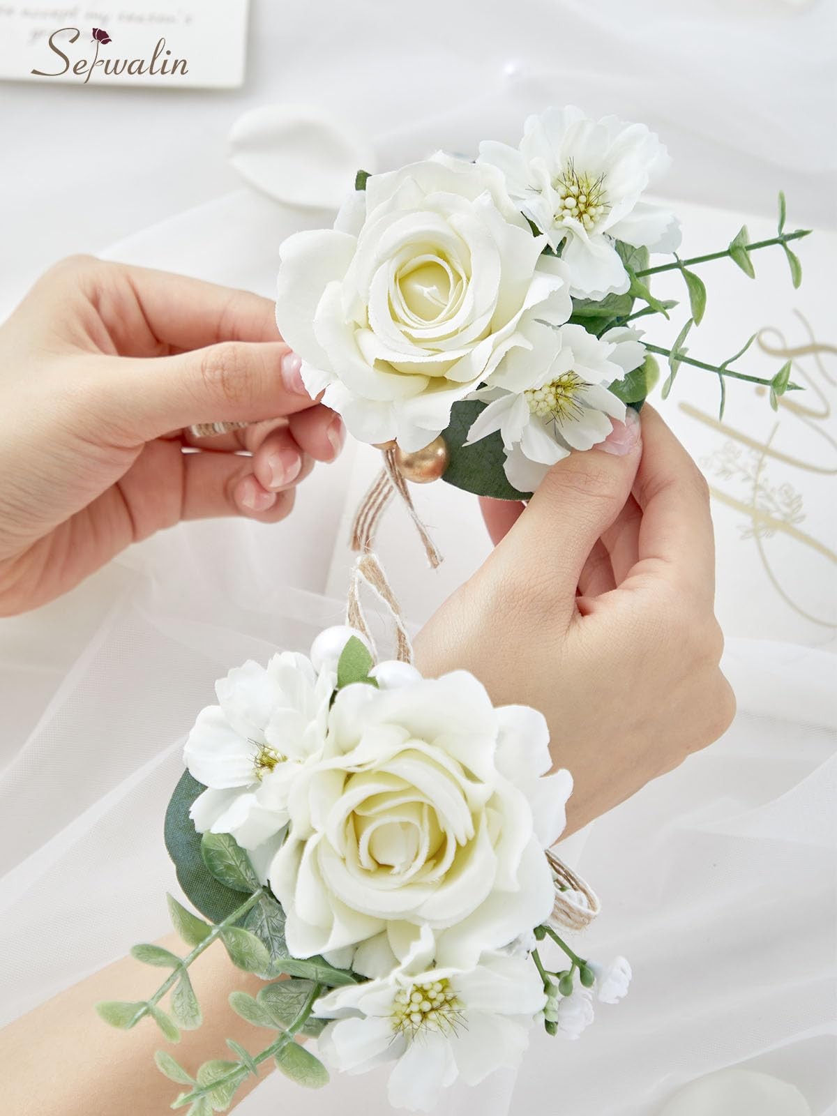 Ivory Rose Corsage & Boutonniere Set Wristlet Mens Wedding Prom Homecoming