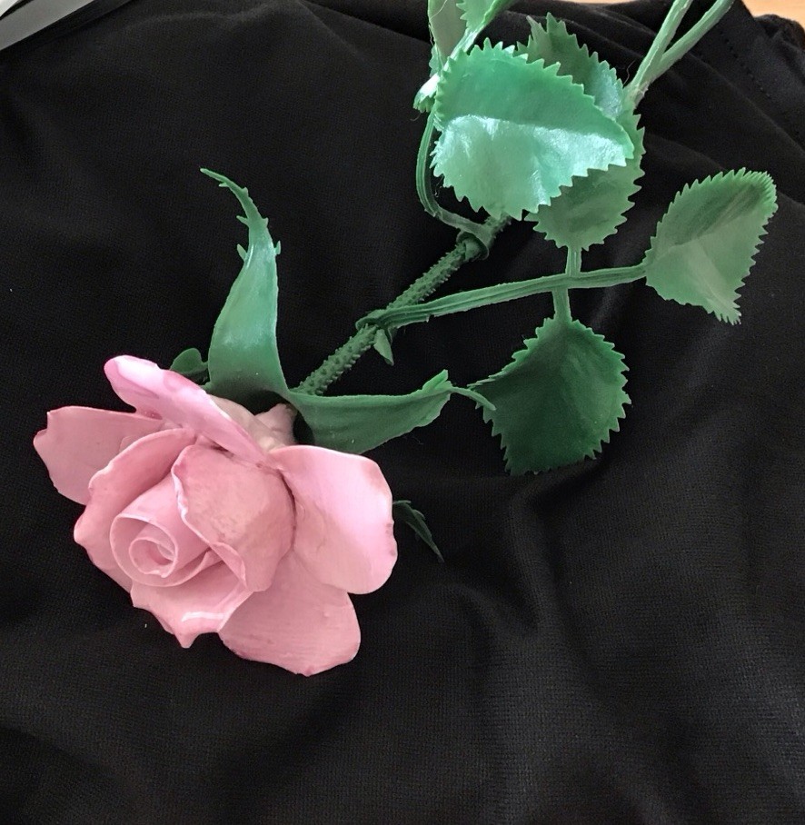 Vtg Porcelain or Clay Flower Pink Rose Plastic Stem Leaves 9”….0506