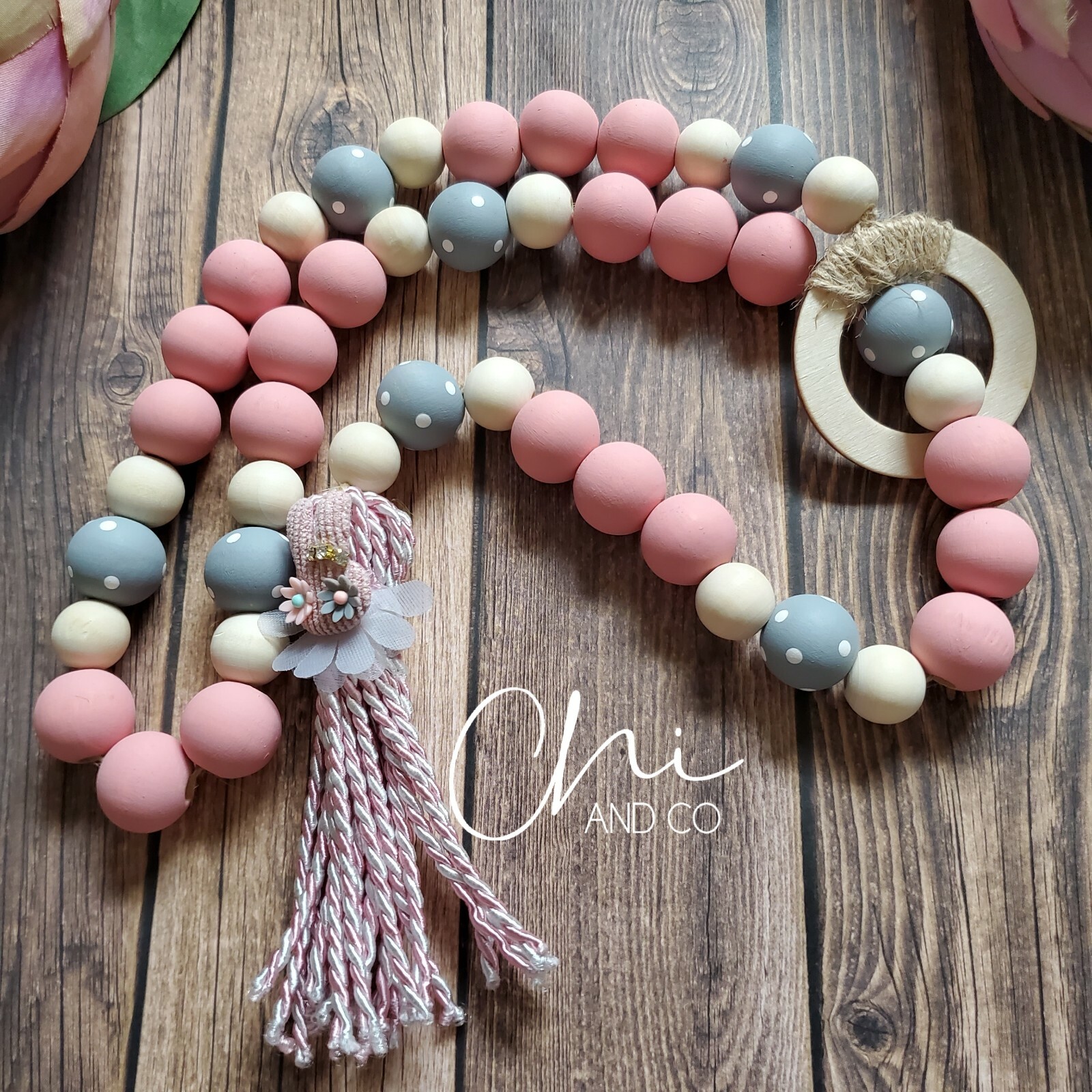 Wood Garland Easter farmhouse decor tier tray wooden home pink CUTE Handpainted