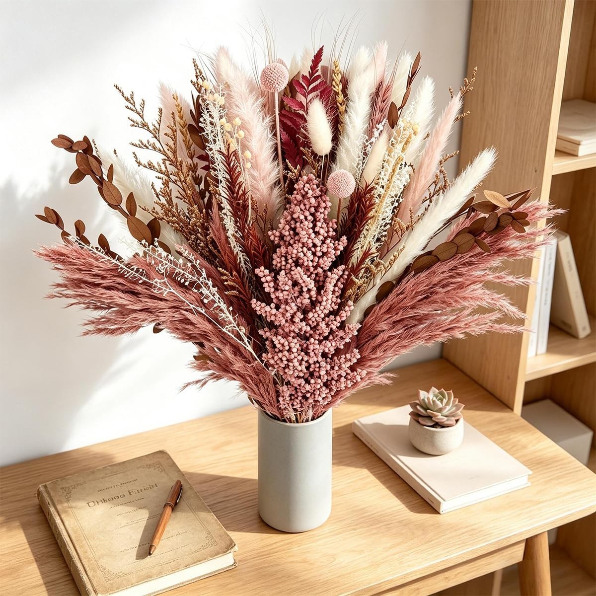 Dusty Rose & Terracotta Dried Pampas Grass Bouquet – Boho Floral Arrangement, Pi