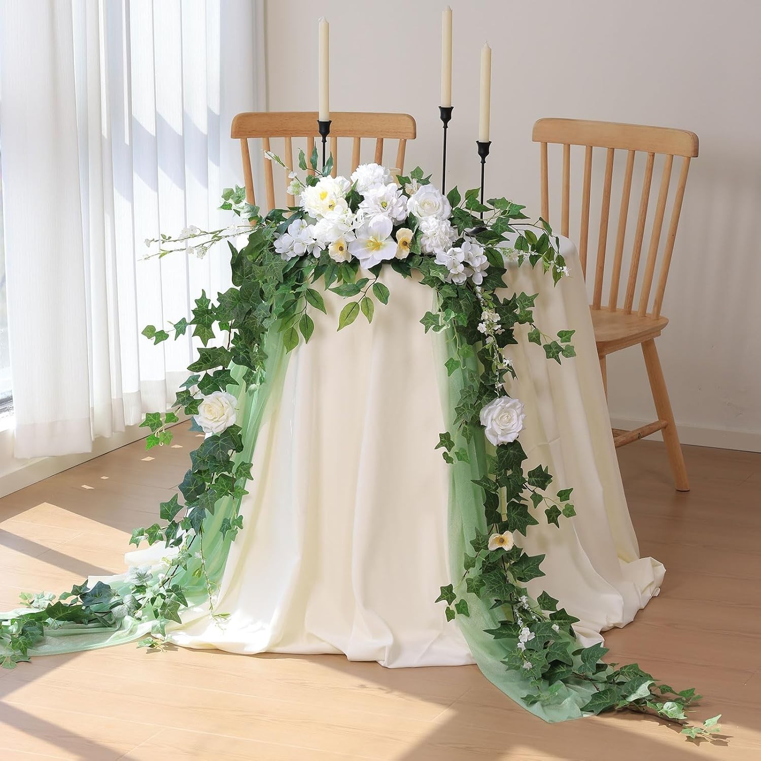 2 Strands Artificial Ivy Vines Garland, Fake Vines for Bedroom with Silk Green