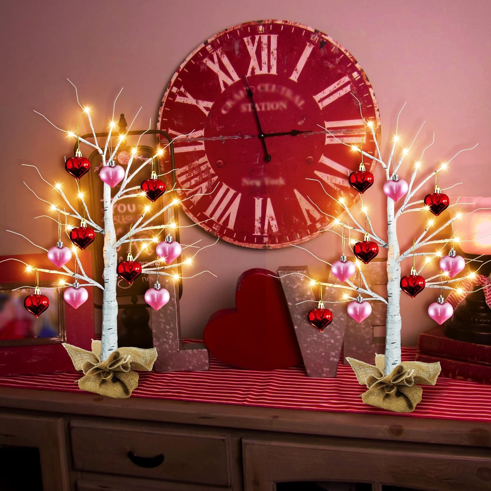 2 PCS 24 Inch Lighted Birch Tree 10 Heart Ornaments 24 LED Tabletop Decor Lamp