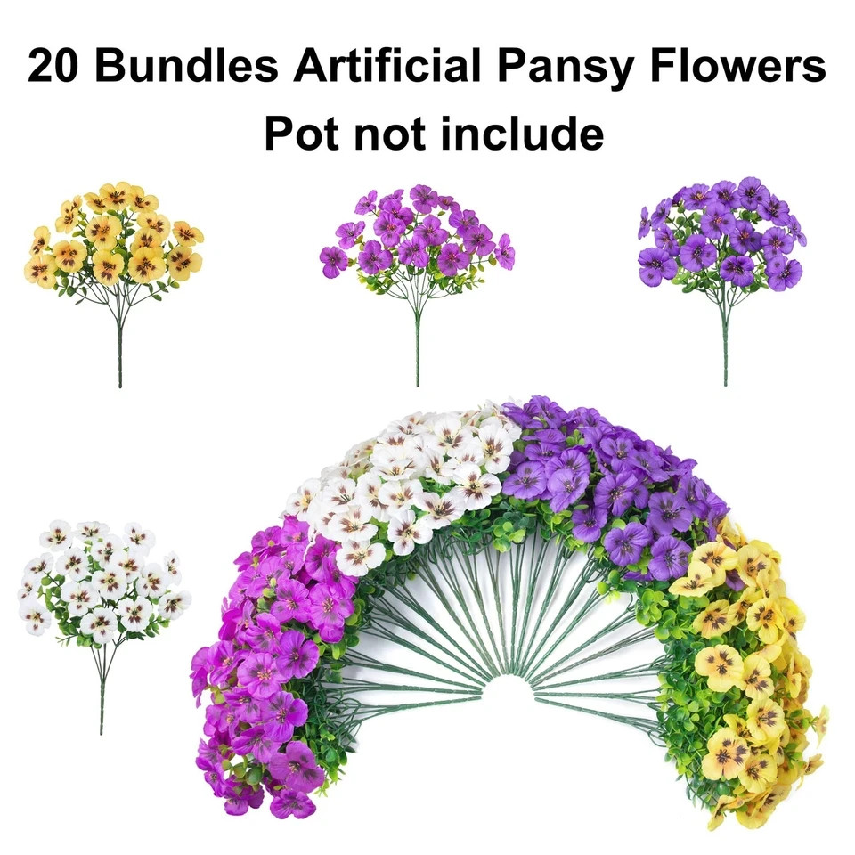 20PCS Fake Artificial Pansy Flowers for Outdoors Spring Decor, Faux Silk Pans…