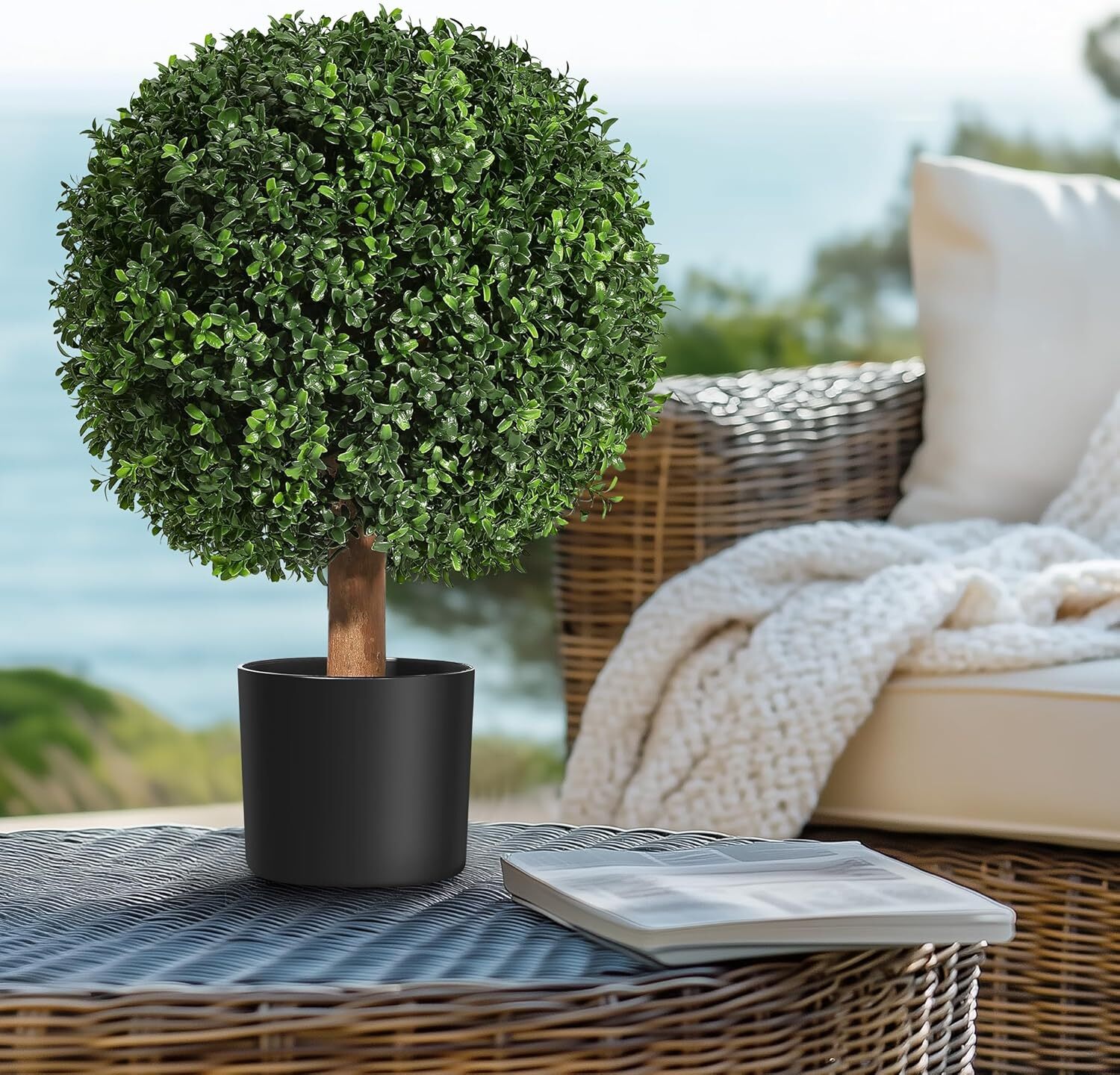 24 Inch Artificial Topiary Boxwood Ball Trees, Set of 2 Plants with 6″ x 5″ Pot