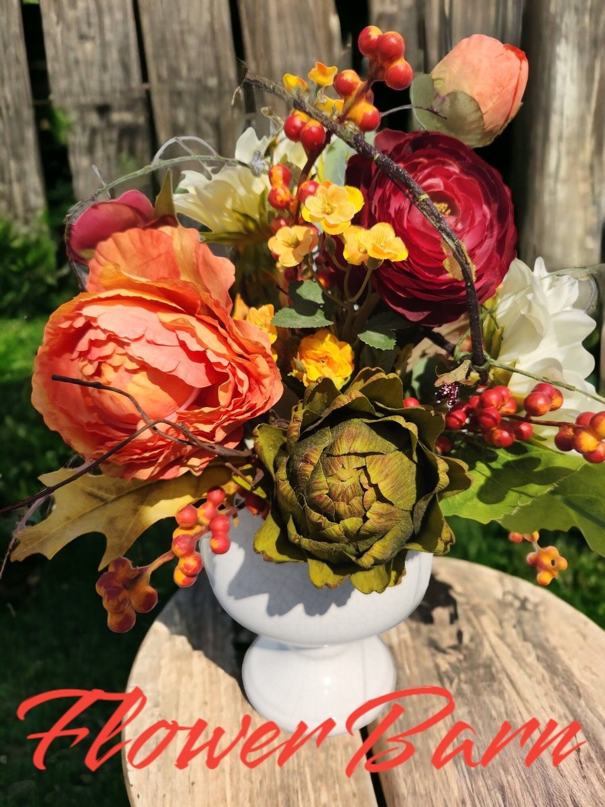 Autumn Artificial Floral Centerpiece With Sunflowers & Ranunculus Arrangement Wh