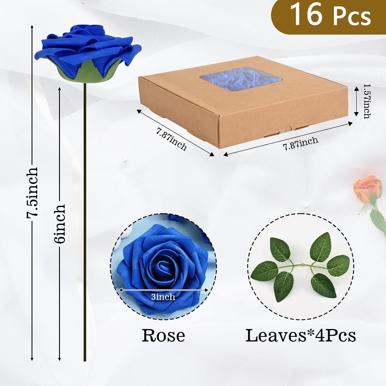 16Pcs Artificial Flowers Fake Roses with Stems, Royal Blue Boxed Foam Roses f…