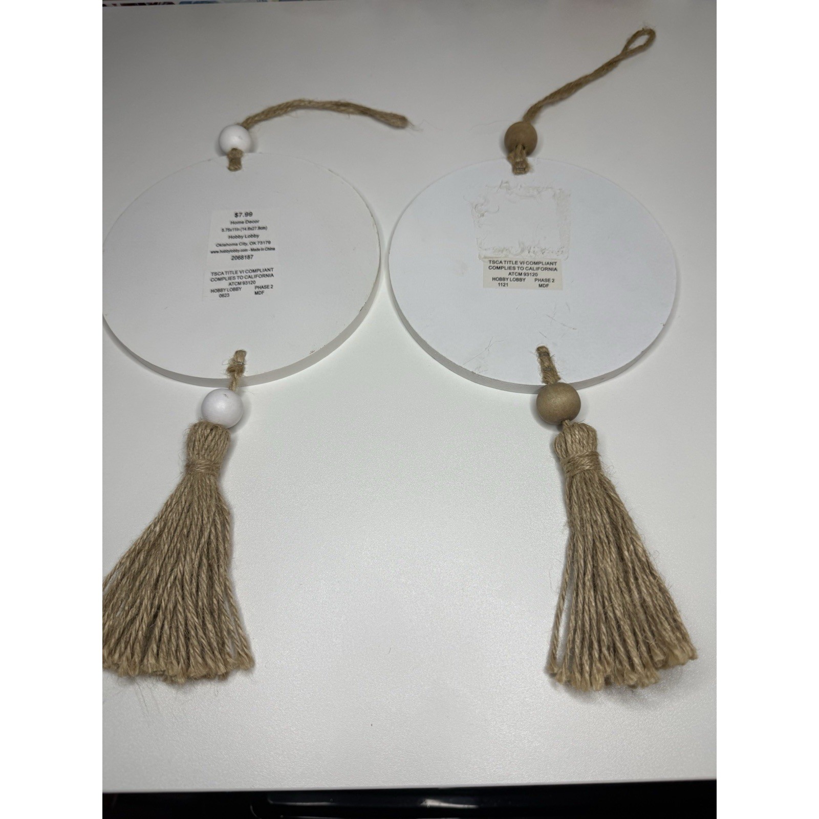 Set of 2 Wooden Plant Wall Hanging Decor Round Signs Tassel Boho Farmhouse