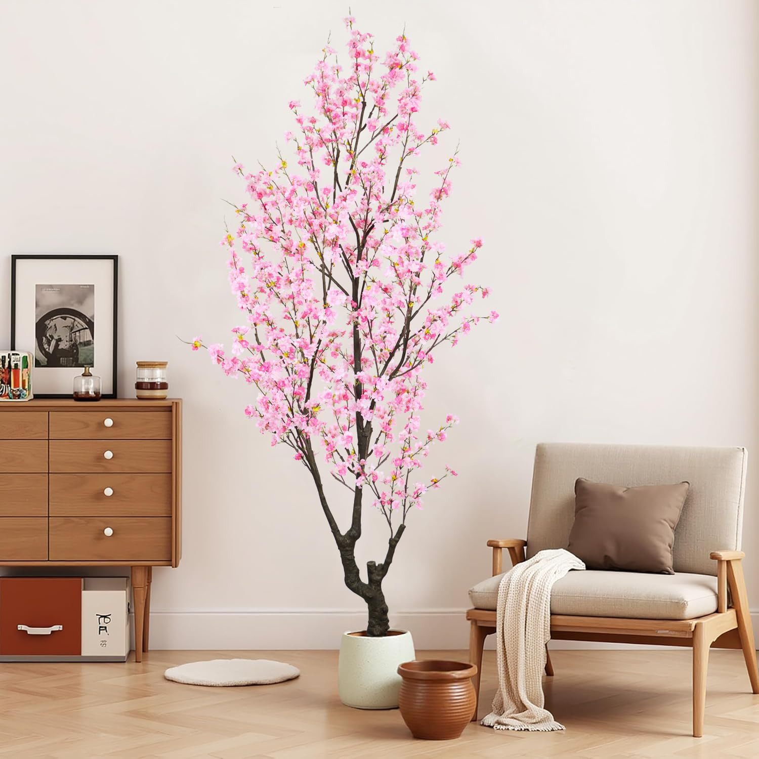 Faux Pink Cherry Blossom Tree 8Ft(96In) Tall Artificial Plant Indoor Decor Handm