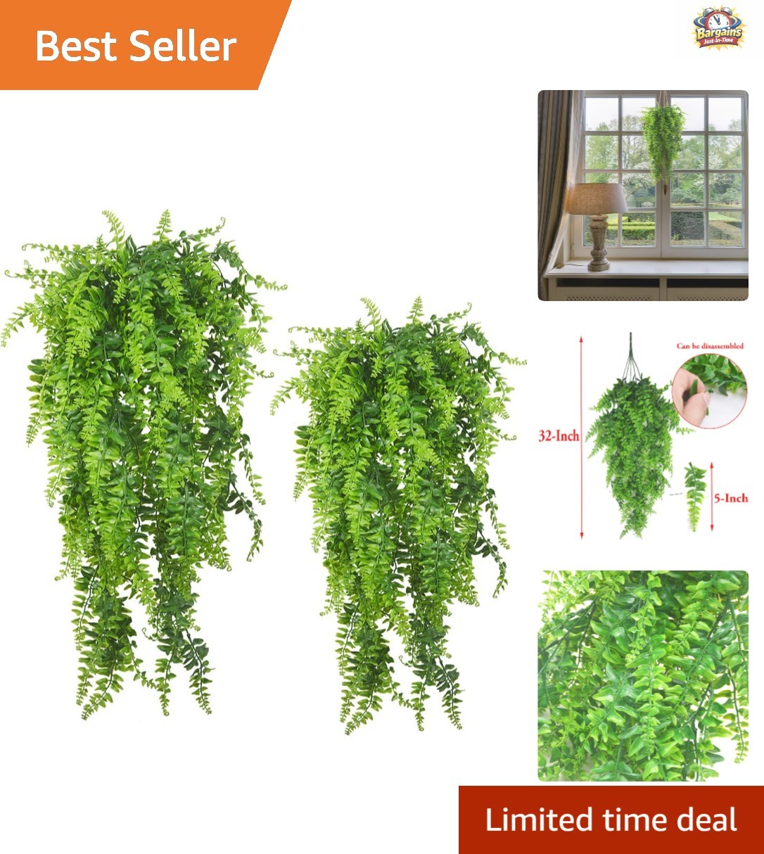Vivid 32″ Artificial Hanging Ferns – 2 Pack, Perfect for Indoor & Outdoor Use