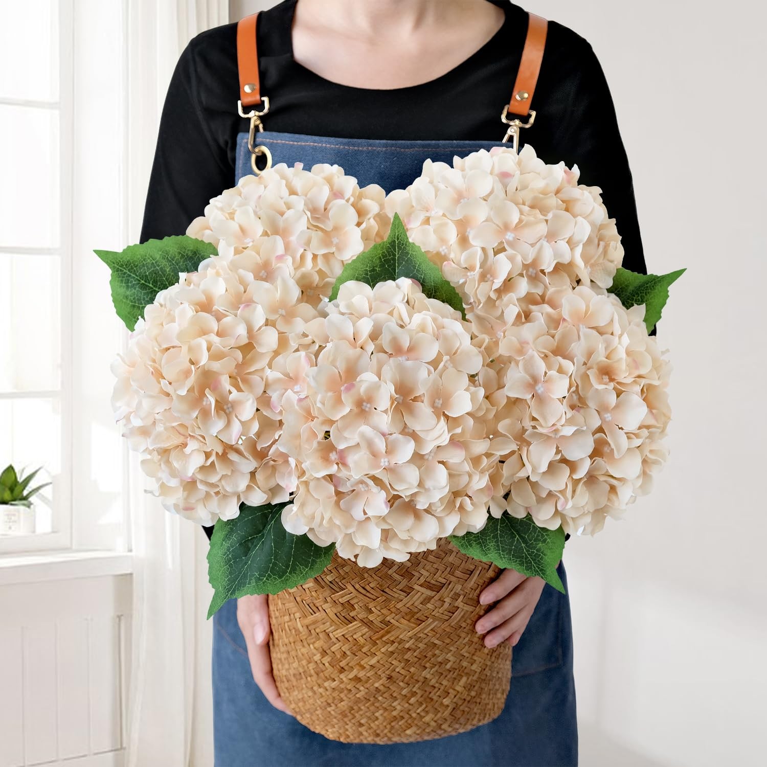 JINWOE 5Pcs Silk Hydrangea Artificial Flowers, 20Inch Light Coffee Boho Large…