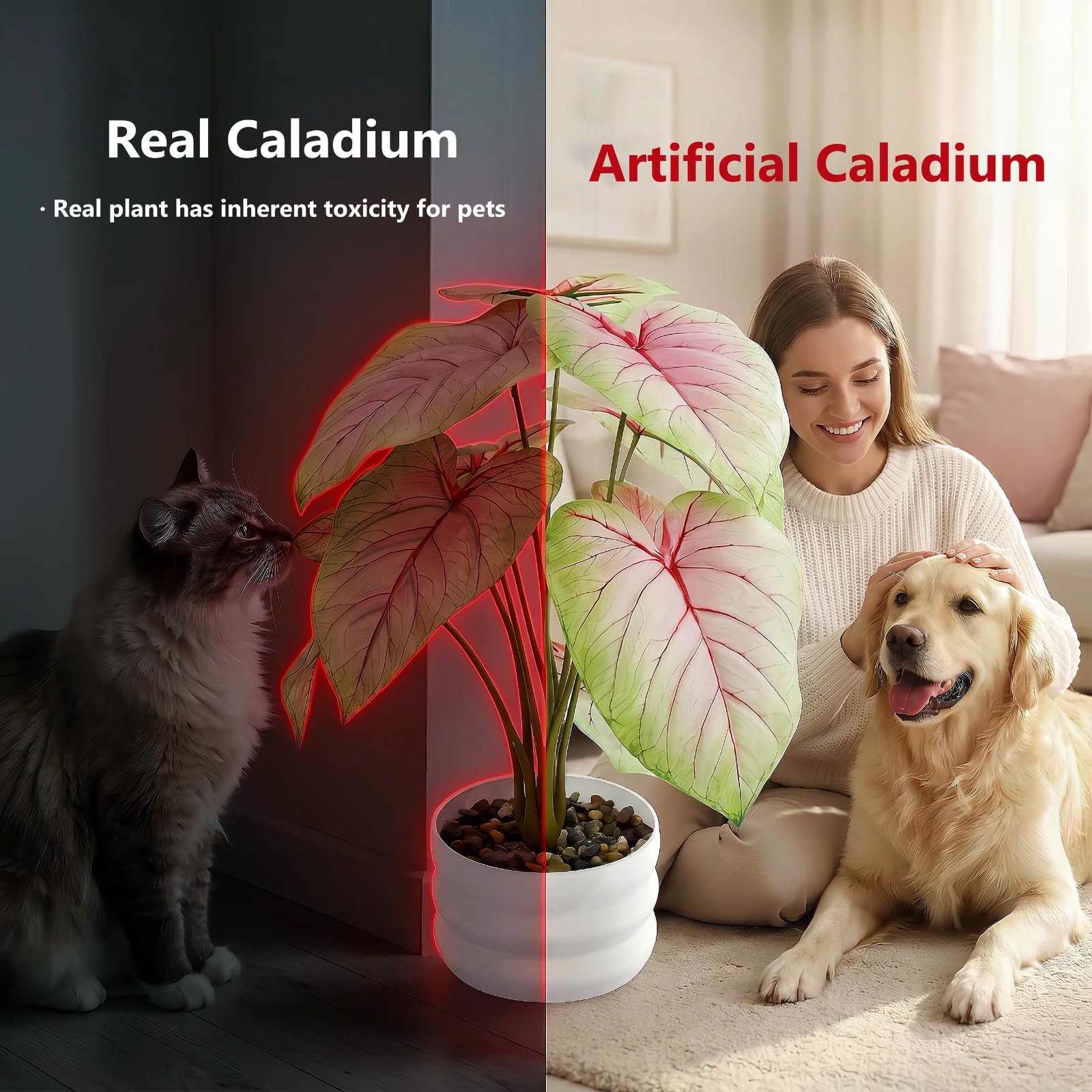 Faux Caladium Bicolor Plants in White Pot, 15.7″ Tall Fake Alocasia Potted Se…