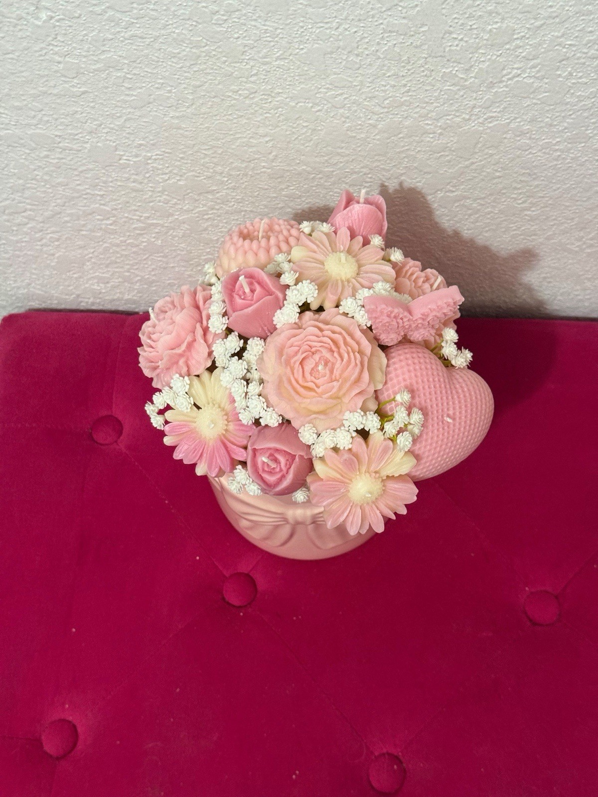 Artificial Pink & White Flower Centerpiece in Pink Bow Pot, Roses
