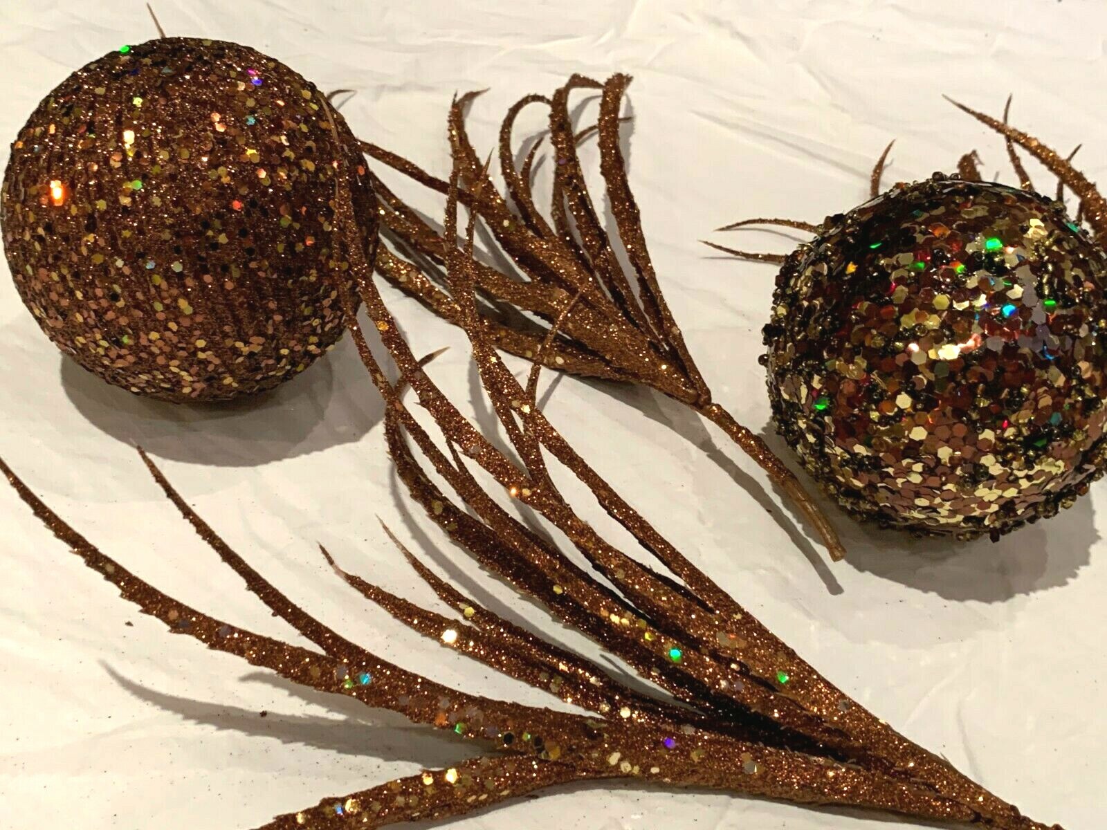 Bronze Gold Swag 2 Orbs 3 Feather Floral Picks Balls Sparkle Holiday Decorating