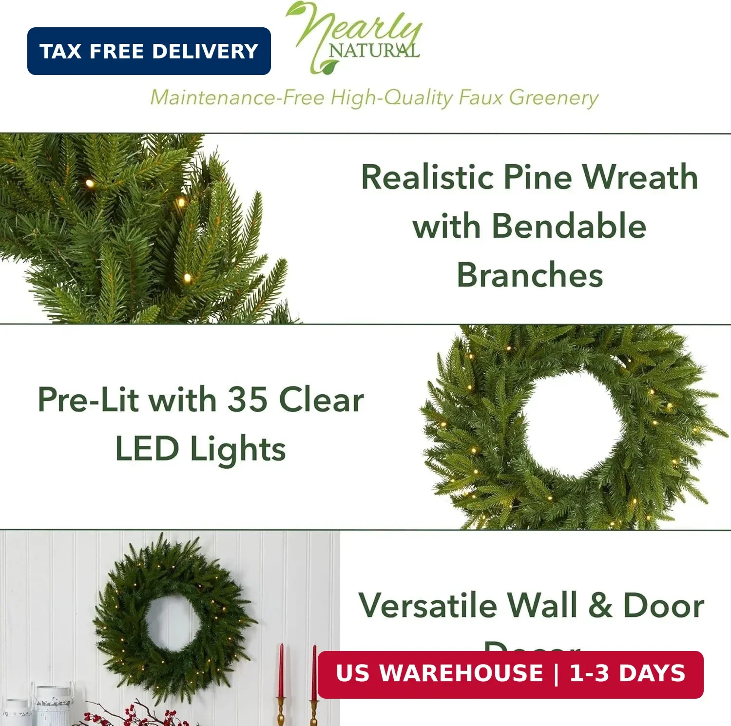 Nearly Natural 24in Artificial Long Pine Christmas Wreath Faux Greenery with Cle