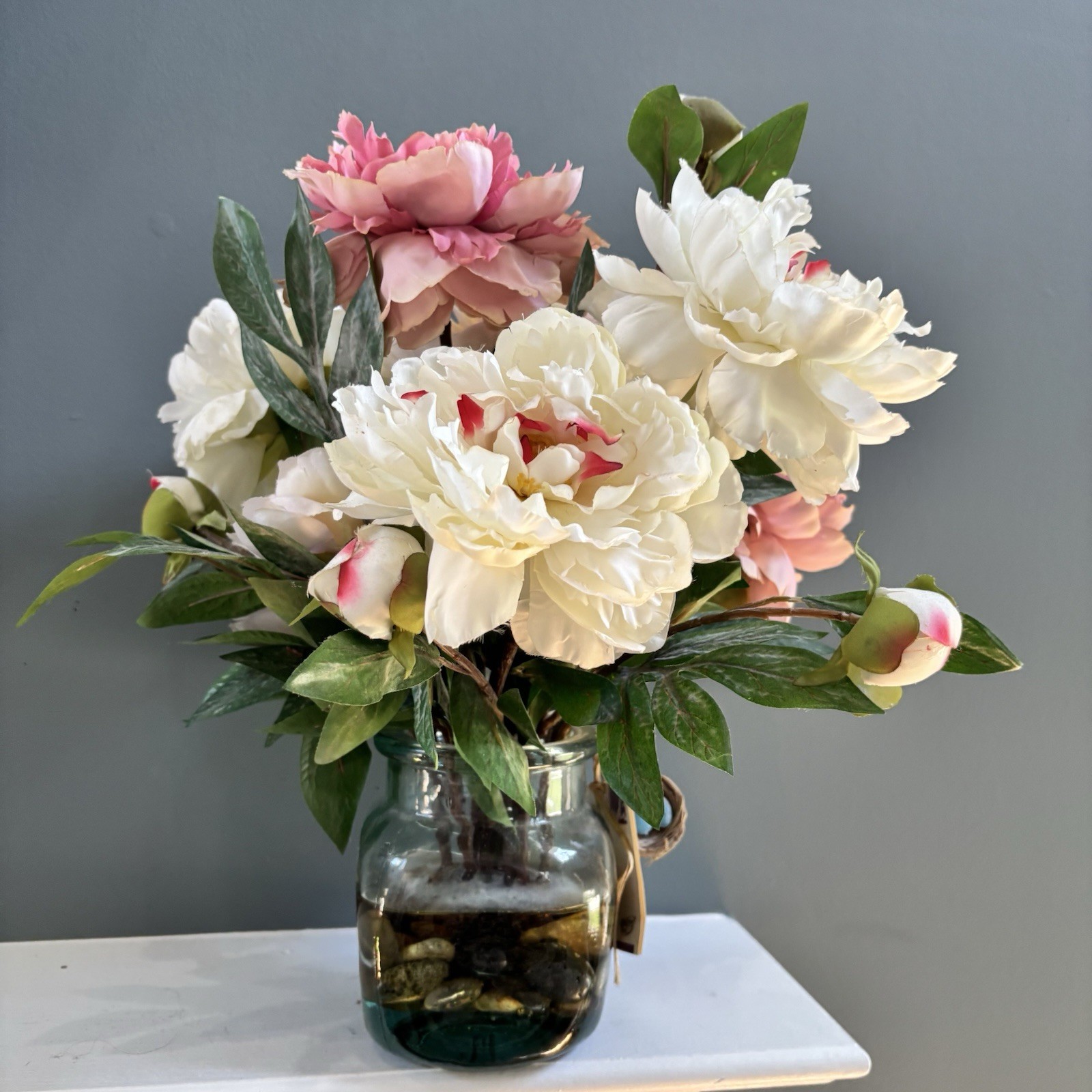 NDI Pink Fuschia Peonies Artificial Flower Arrangement Glass Vase Robbins Nest