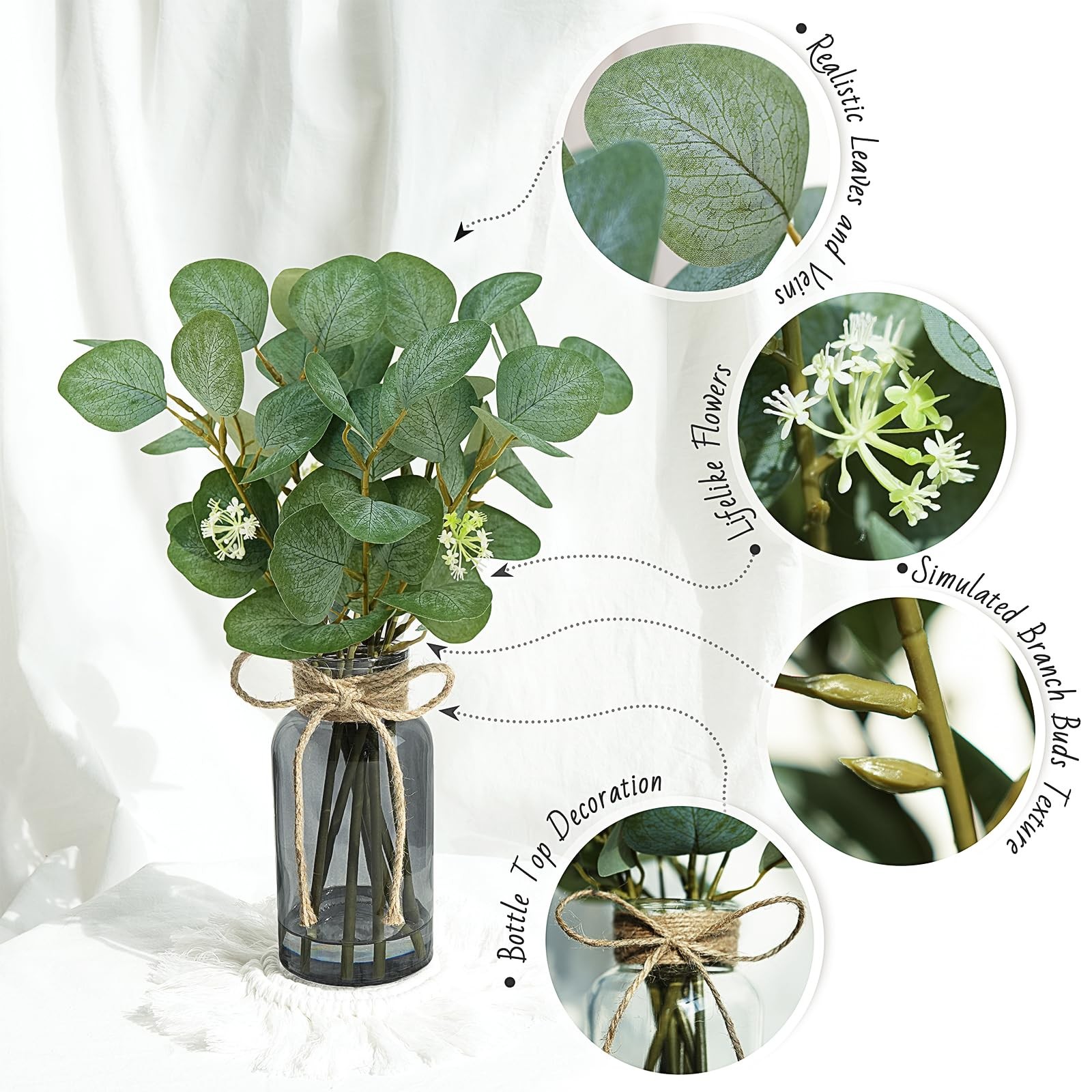 FOREST PRINCE Eucalyptus Stems in Black Vase 15″ Green Silk Decor