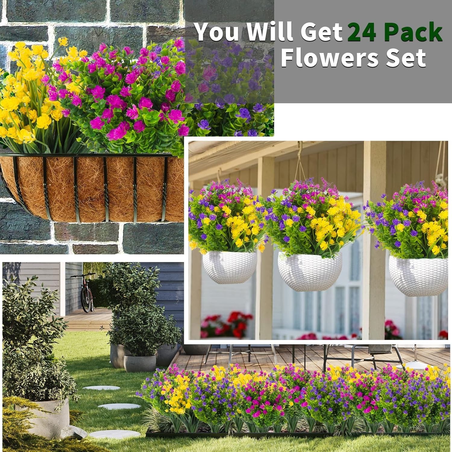 24 Bundles Artificial Flowers Outdoors Faux Plants UV Resistant Fake Flowers Fau
