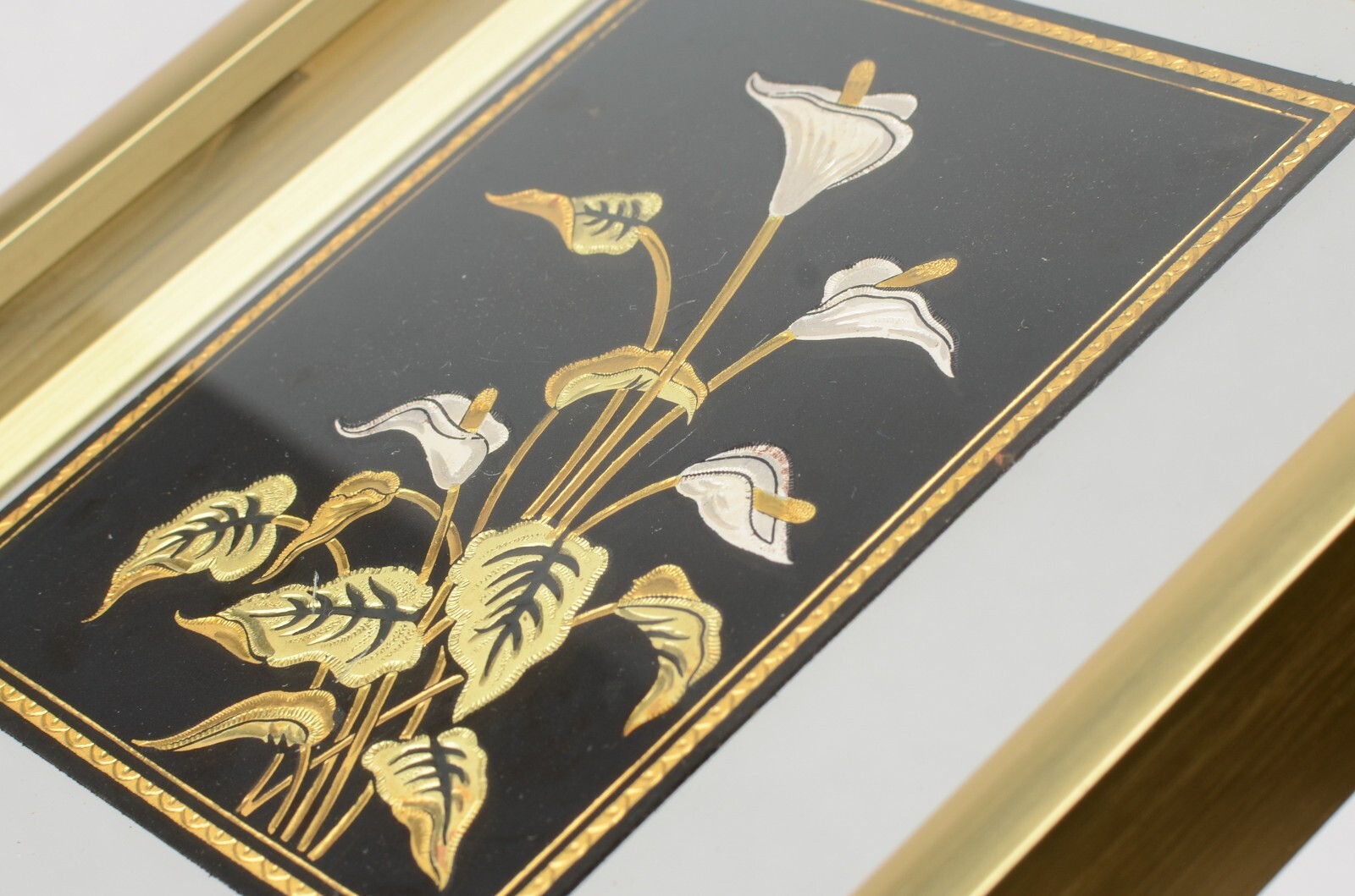 Damascene Floral Calla Lily Decoration 24K Gold Toledo Spain Framed 3.25 x 4 in