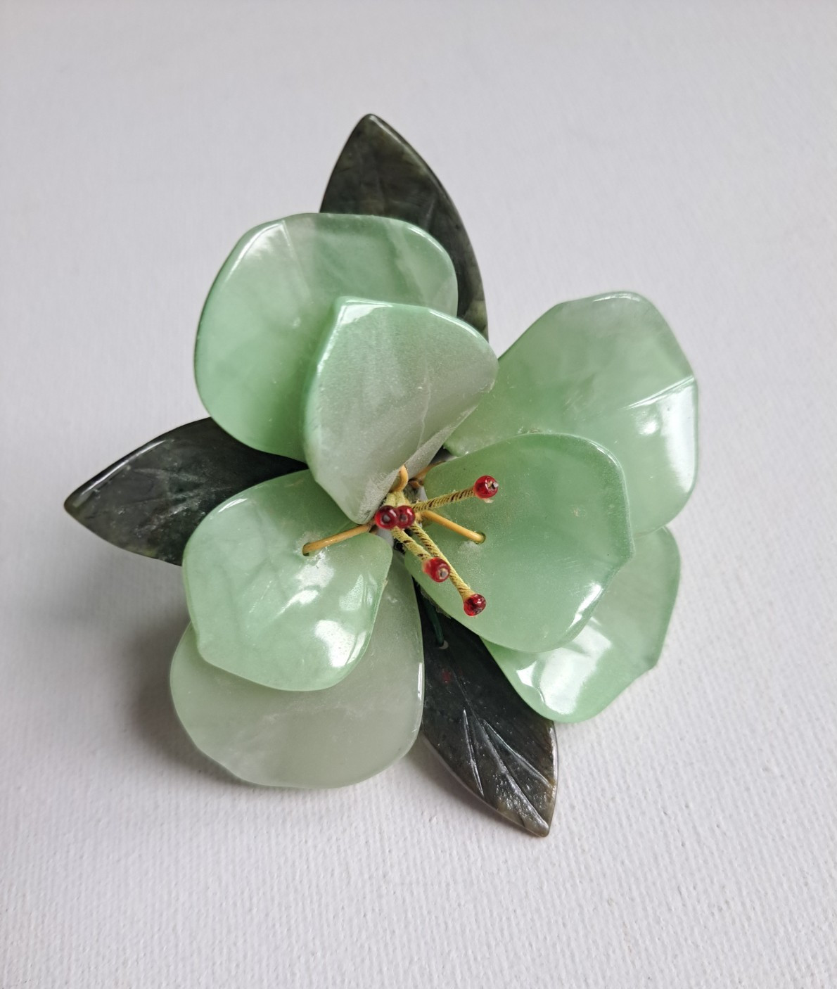 Vintage Chinese Hand Carved Jade Lotus Green Stone Flower Cluster Decor