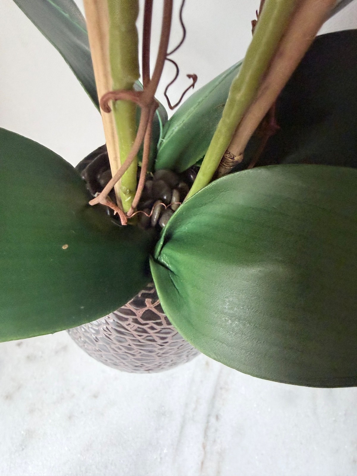 artificial white Phalaenopsis orchid arrangement in a brown textured vase 27”….