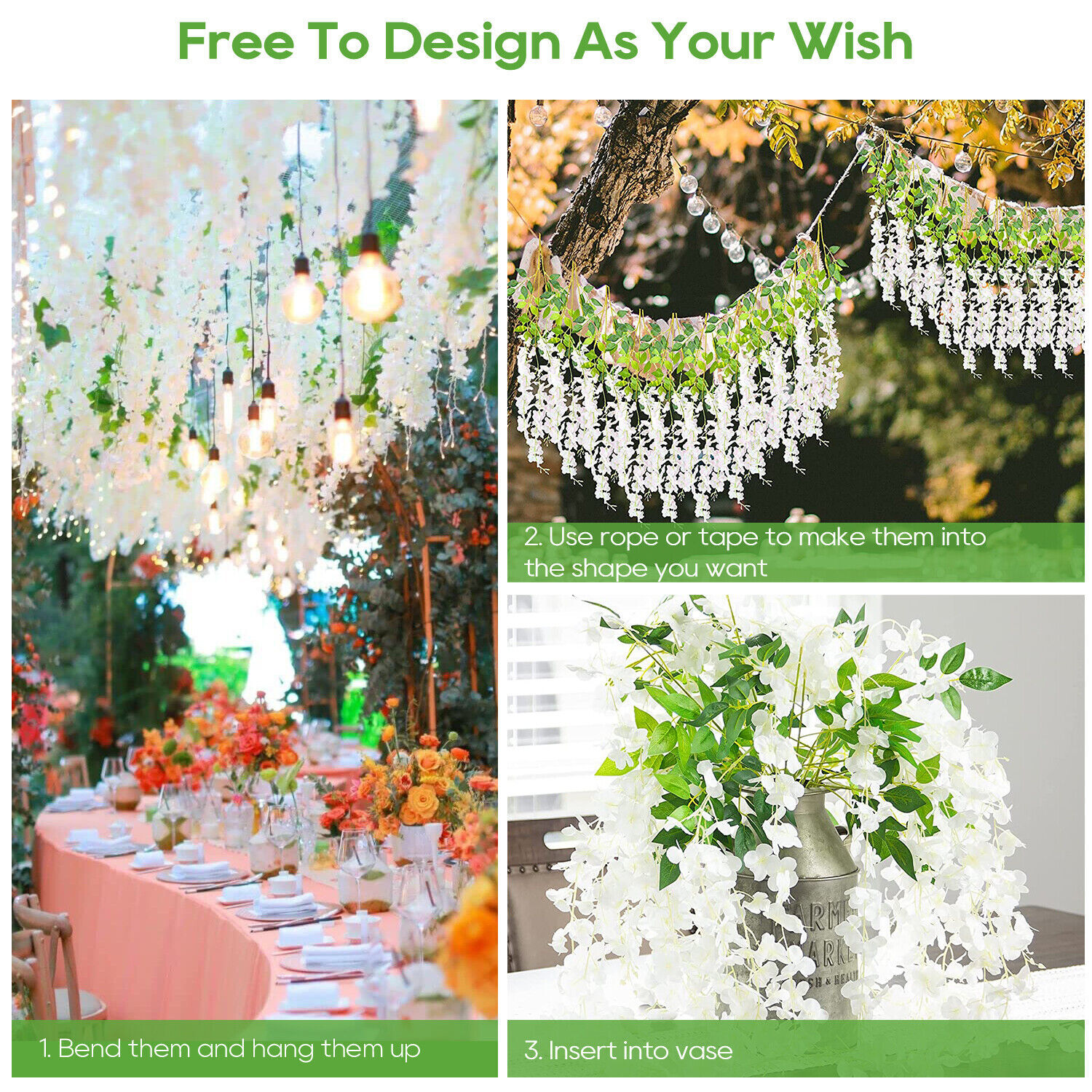 24Pcs Artificial Fake Wisteria Vine Ratta Hanging Garland Silk Flowers Decor USA