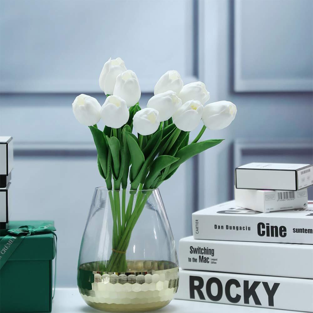 24PCS Artificial White Tulips Real Touch Flowers for Centerpieces Home Decor