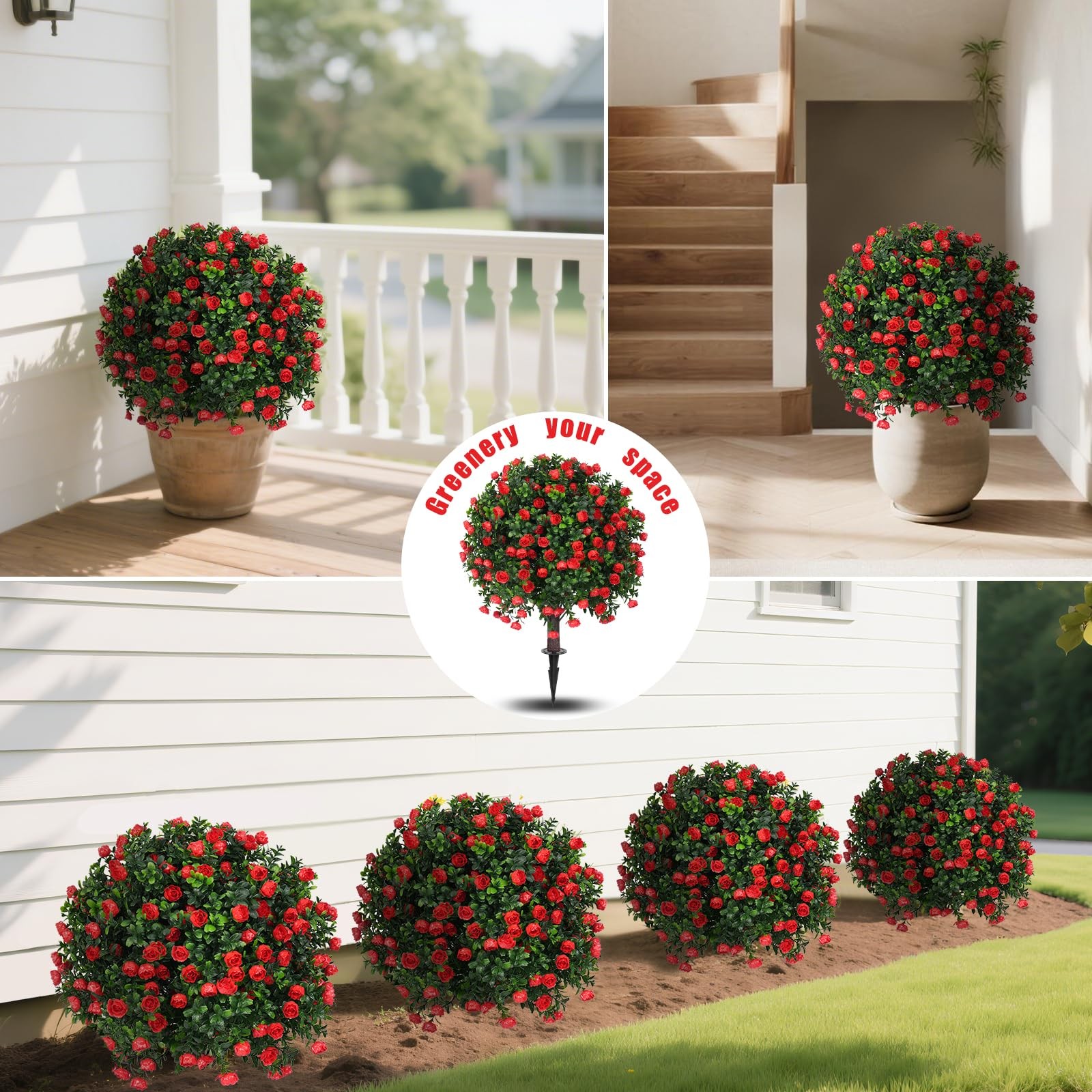 Yangrass Artificial Rose Topiary Ball Trees with Ground Spike, 2 Pack 16 Inch…