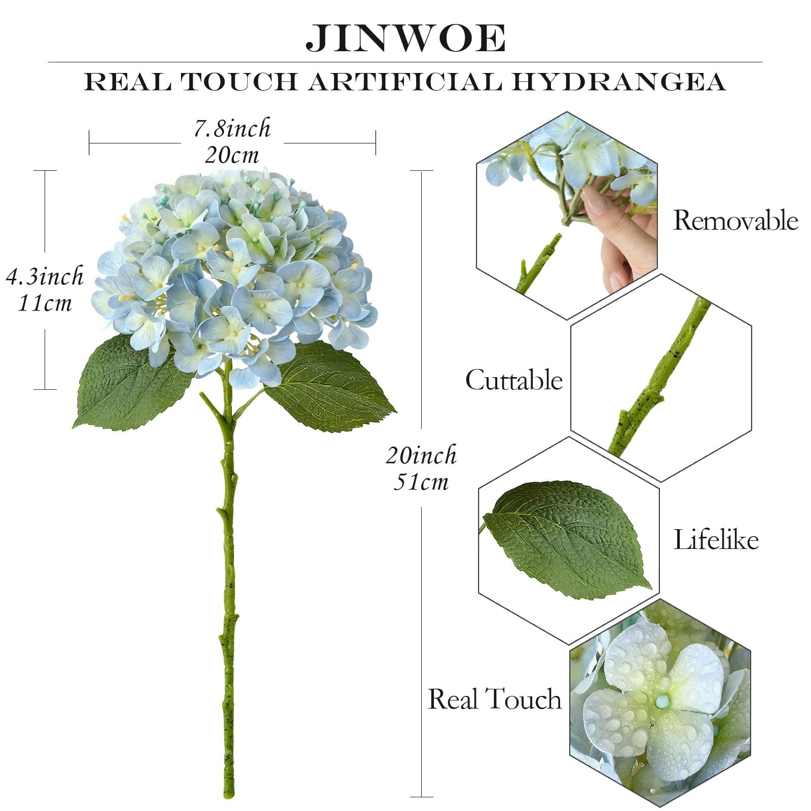 JINWOE Light Blue Hydrangea Artificial Flowers,4Pcs 20″ Real Touch Lifelike S…