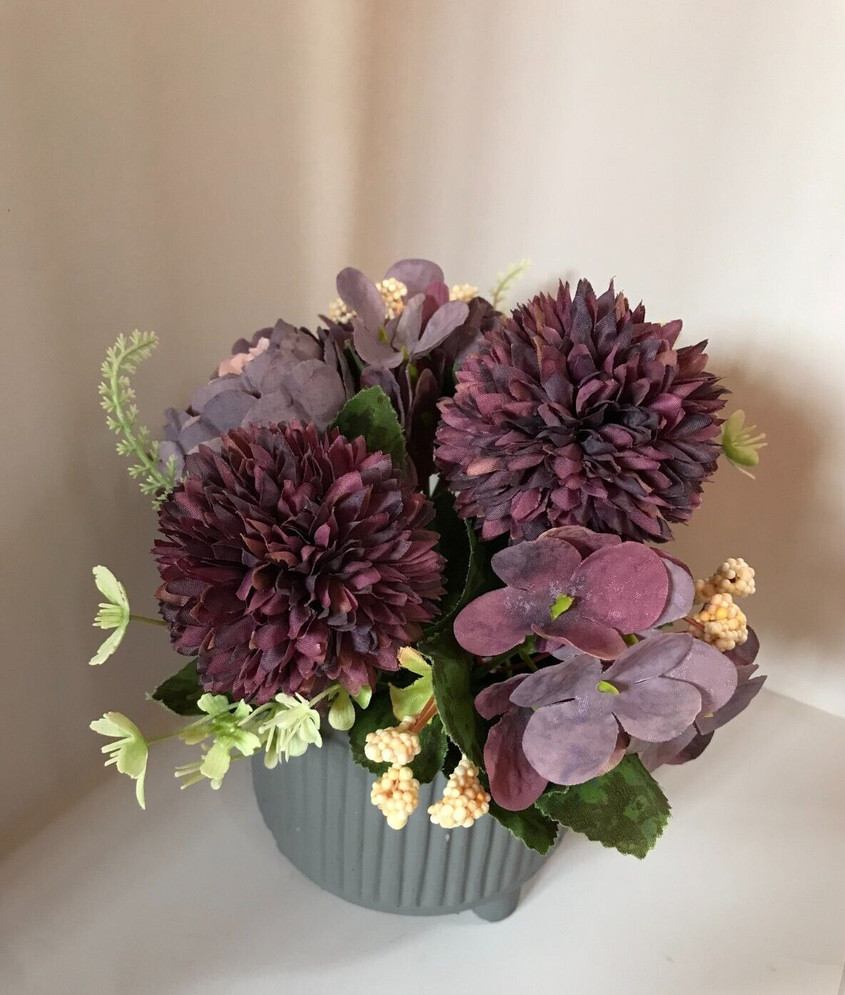 Artificial Silk Purple Hydrangea Peony Bouquet Flowers In Cement Grey Vase New