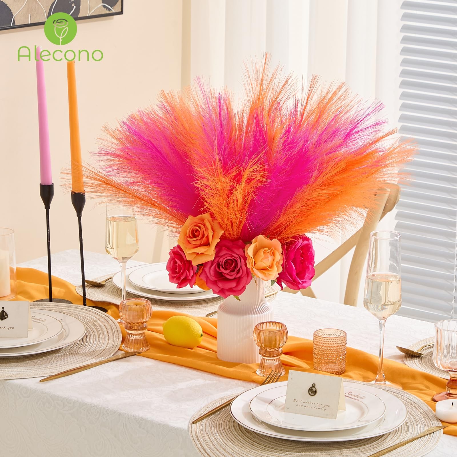 Pampas Grass 17in 𝟯𝟬𝙋𝙘𝙨, Orange and Hot Pink Artificial Faux Fluffy Pamp…