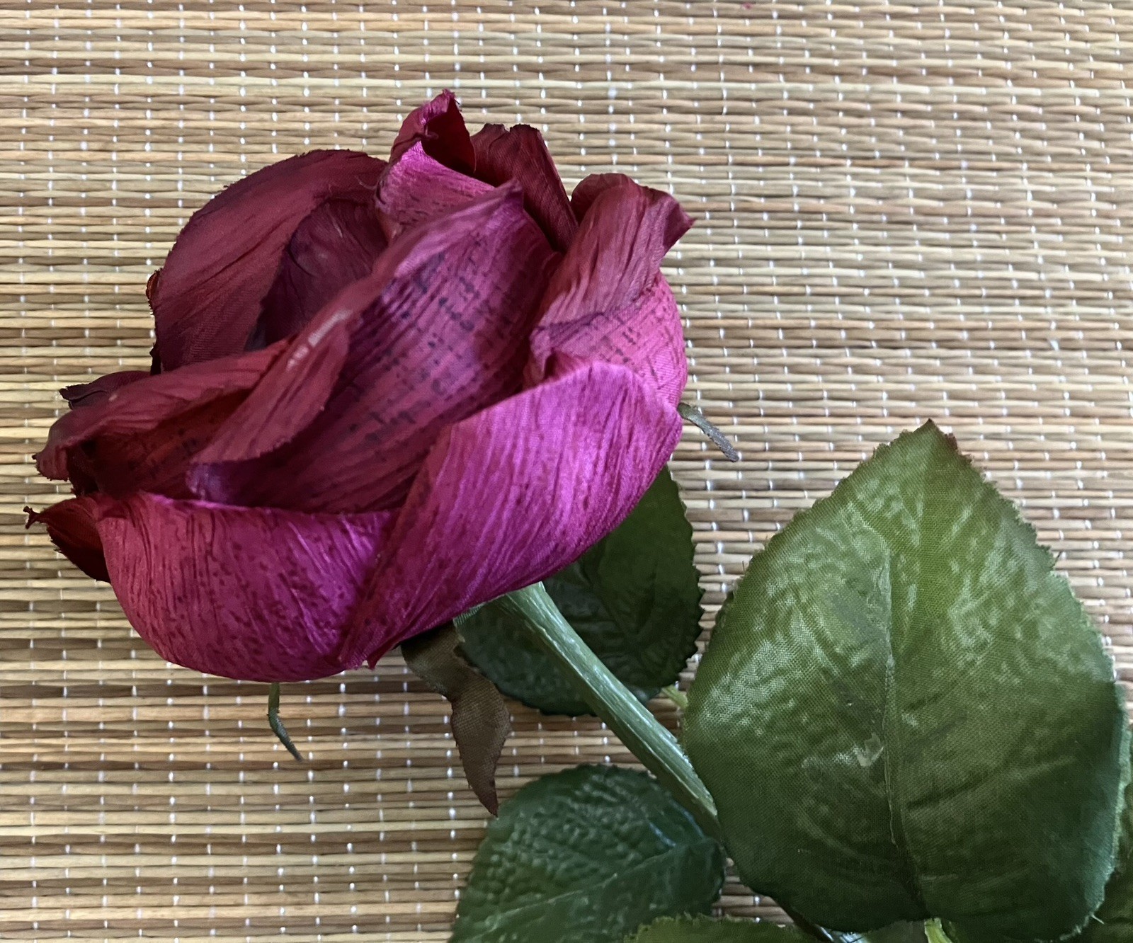 Vintage French 90’s Artificial Dark Red Cabbage ROSE Flower w/ Leaves, Long Stem