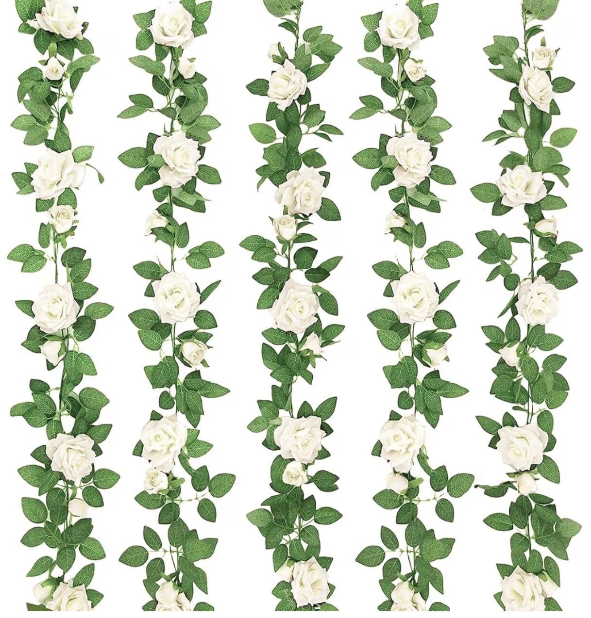 5-Pack Artificial White Rose Garland 32.5ft – Hanging Silk Flower Vines for Wedd