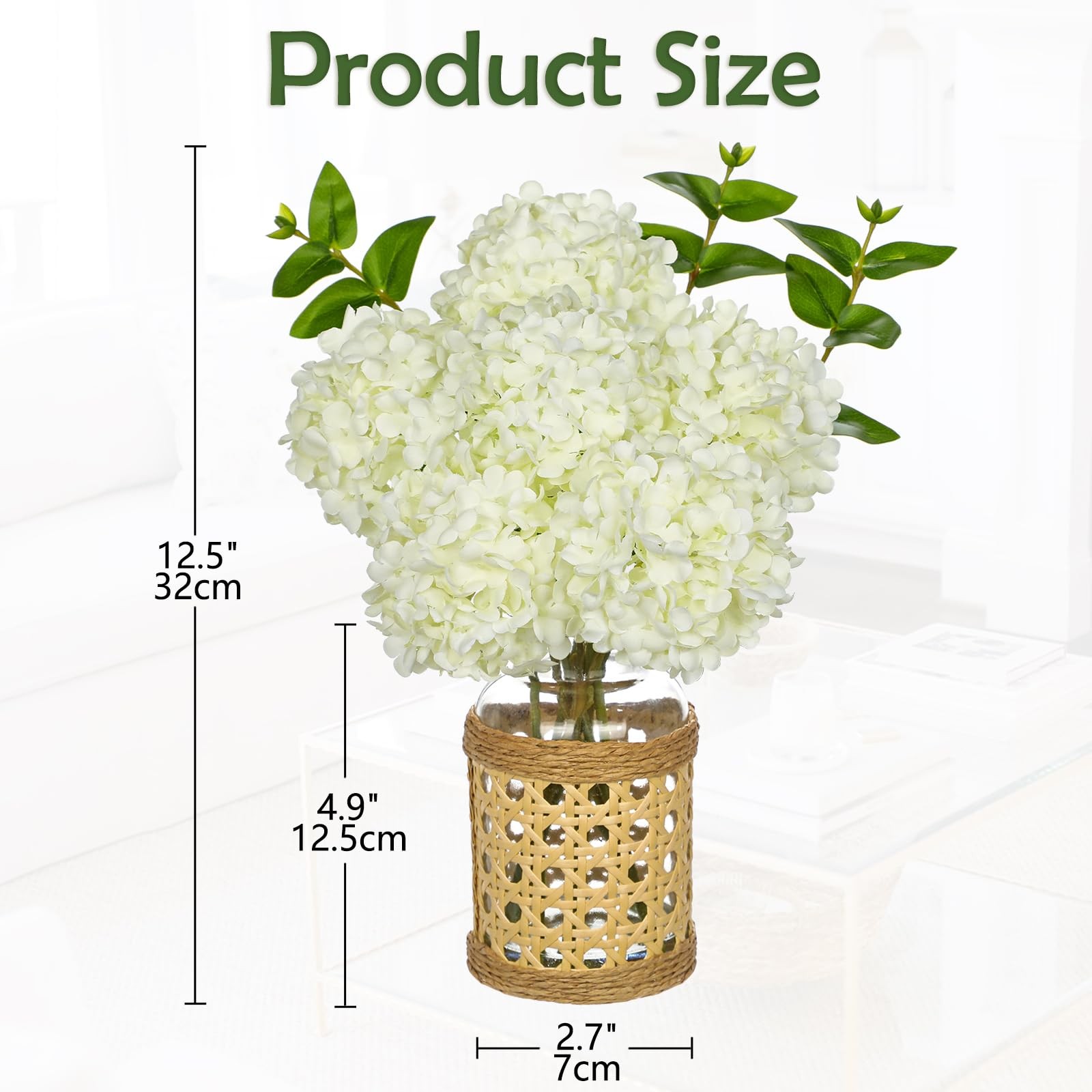White Hydrangea Artificial Flowers in Woven Glass Vase with Faux Water Silk H…