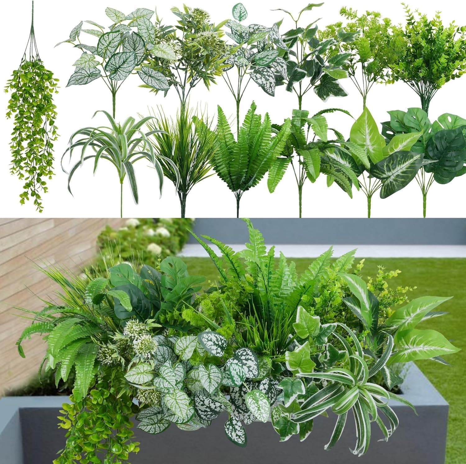 19Pcs Artificial Plants Outdoor UV Resistant Fake Shrubs Bushes Plastic