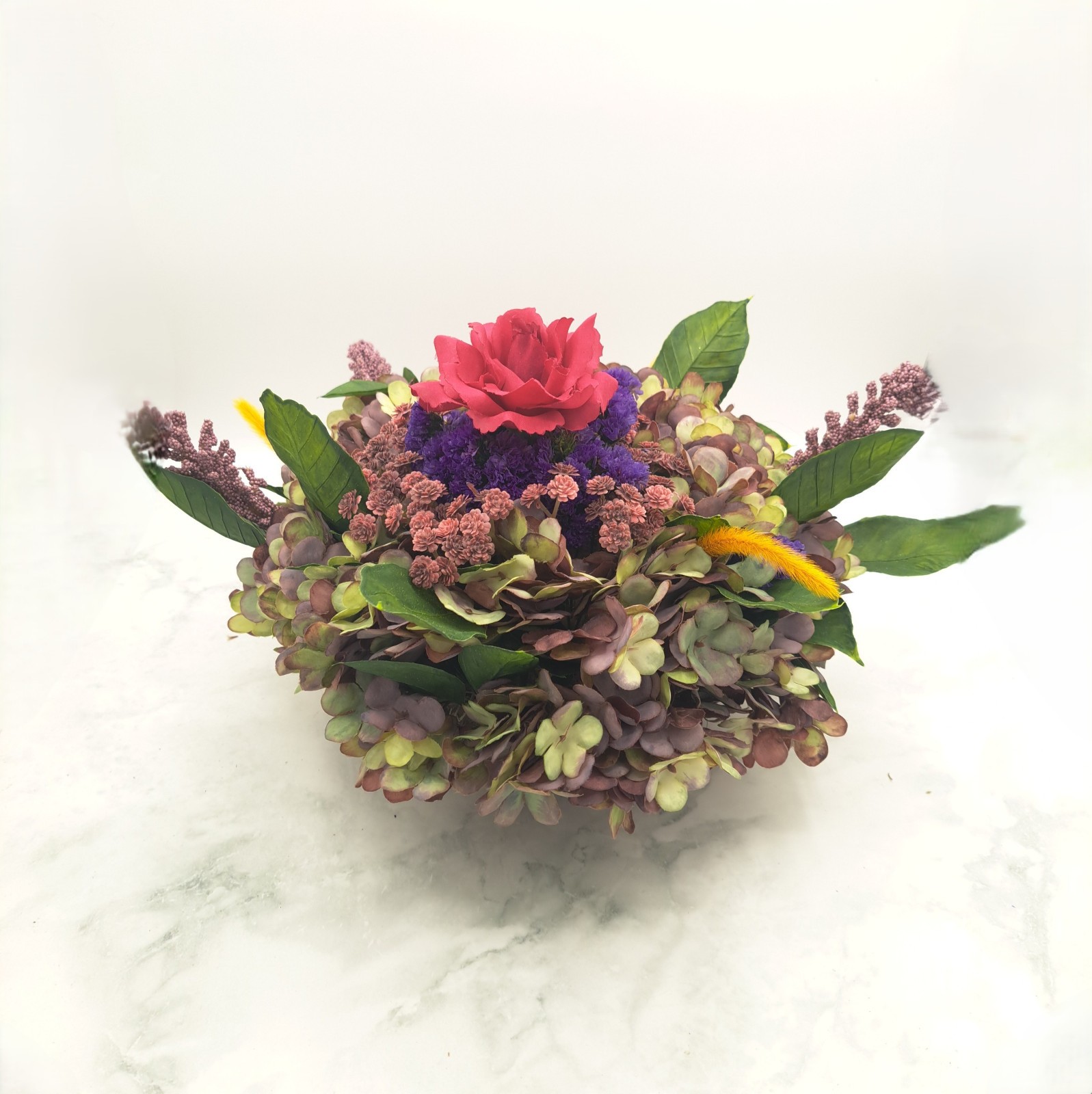 Handmade Hydrangea & Rose Dried/Silk Flower Arrangement w/ Vintage Basket