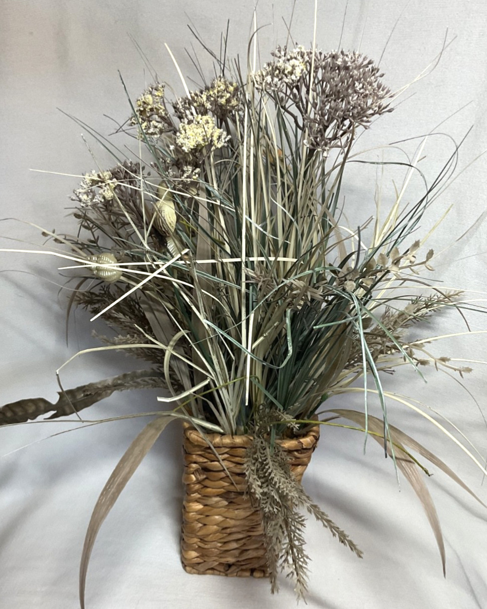 3333333M3ed3333ium Size 33333Woven Basket of Dried Foliage and Shells. 19″ Tall.
