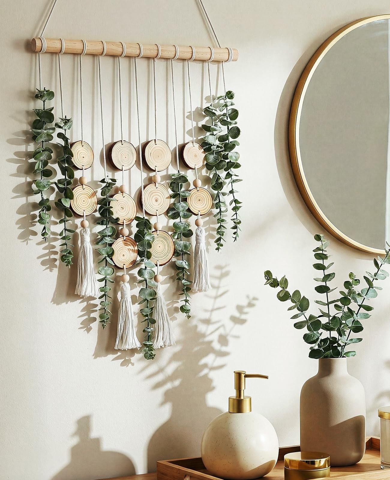 Artificial Eucalyptus Wall Hanging, Fake Greenery Leaves Stems with Wood Slic…