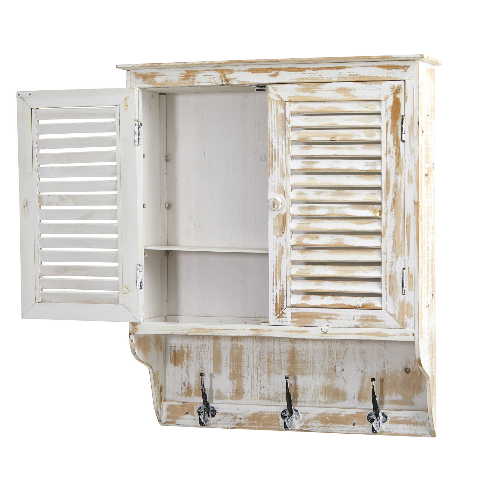 32″ White Washed Wall Cabinet Two Door Drawer Hooks Hangable