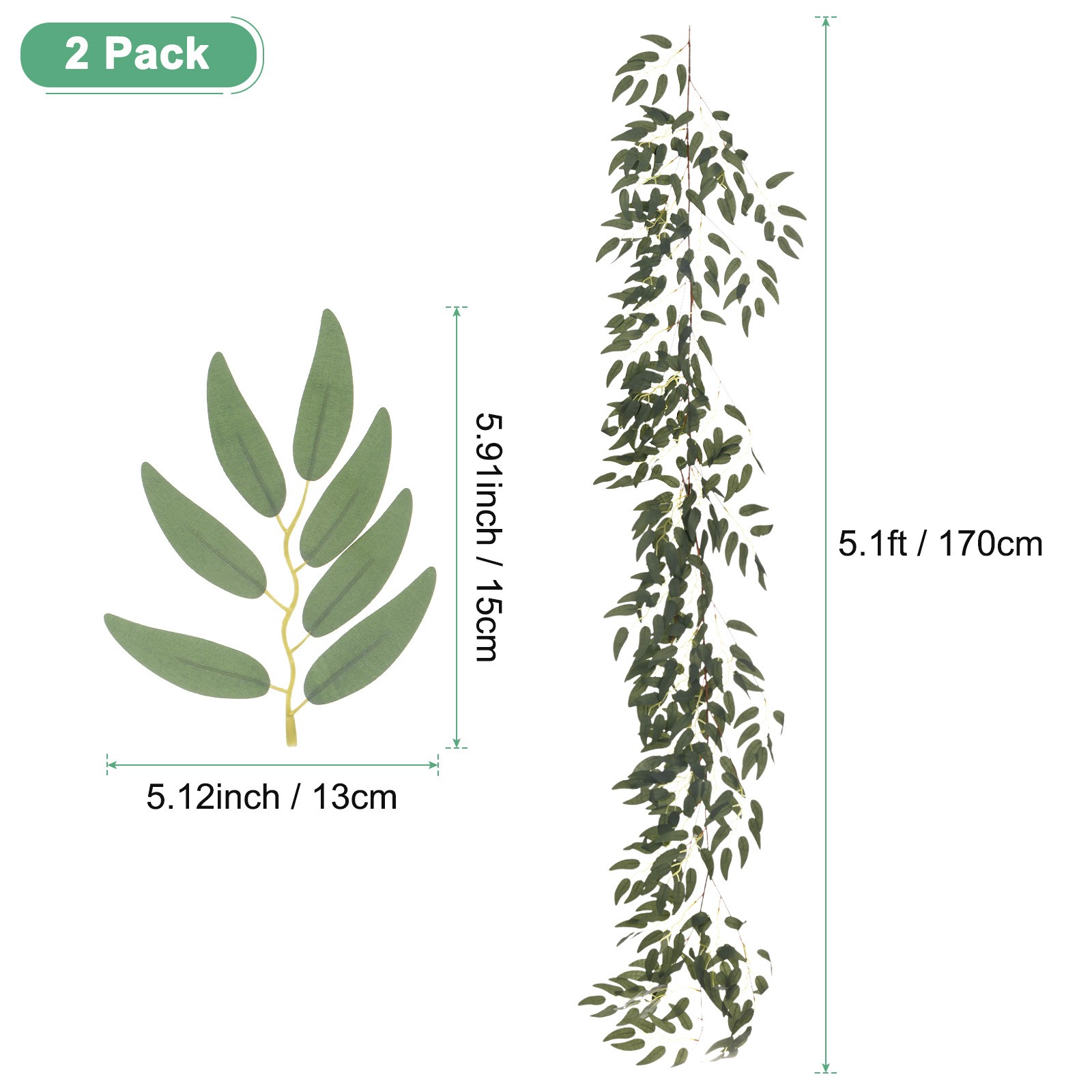 2-Pack Artificial Willow Vine Twigs with 54 Leaves 5.7Feet [Grey Green}