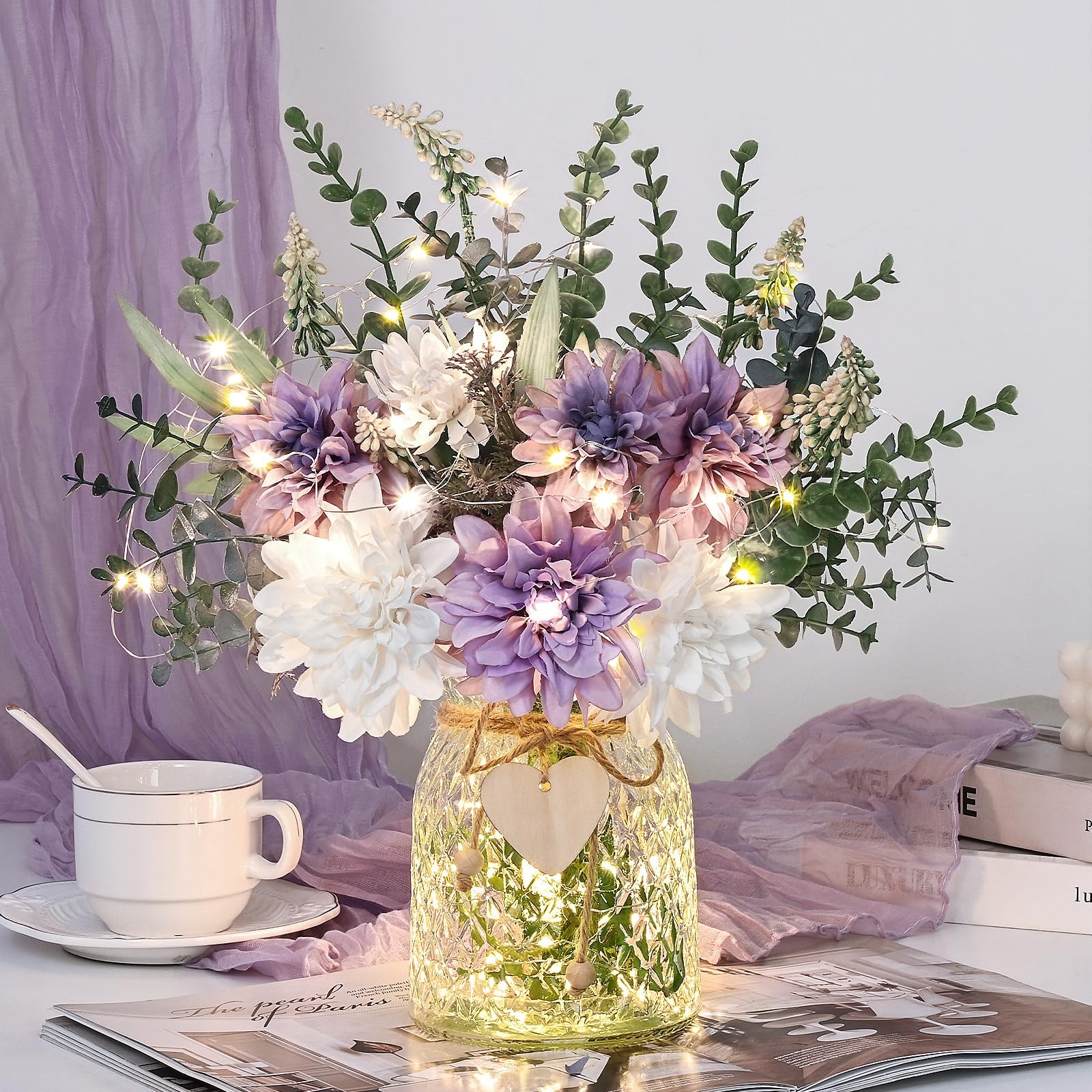 Fake Flowers in Vase with Lights, Faux Flowers in Vase, Dahlia Artificial Flo…