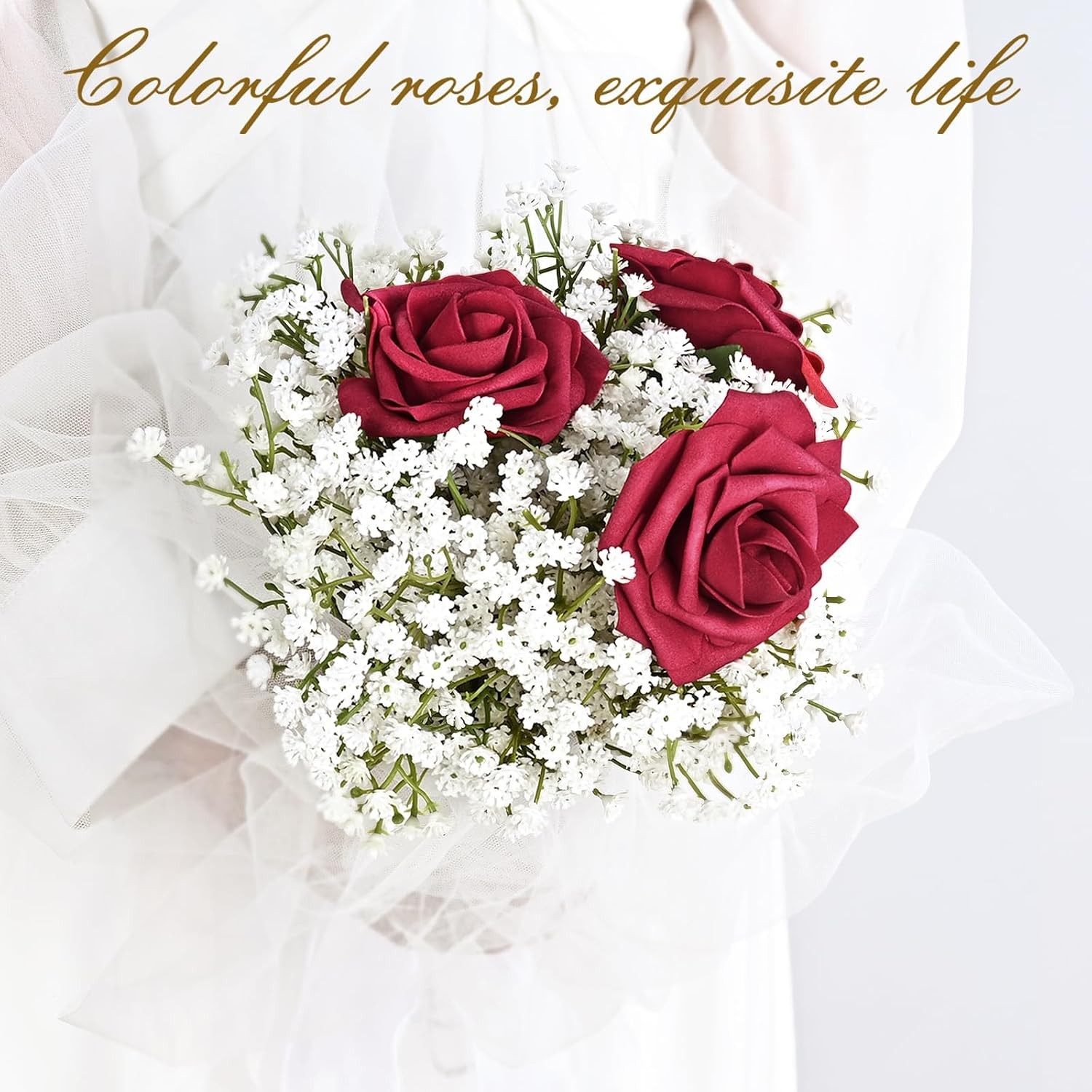 16Pcs Artificial Flowers Fake Roses with Stems, Burgundy Boxed Foam Roses for
