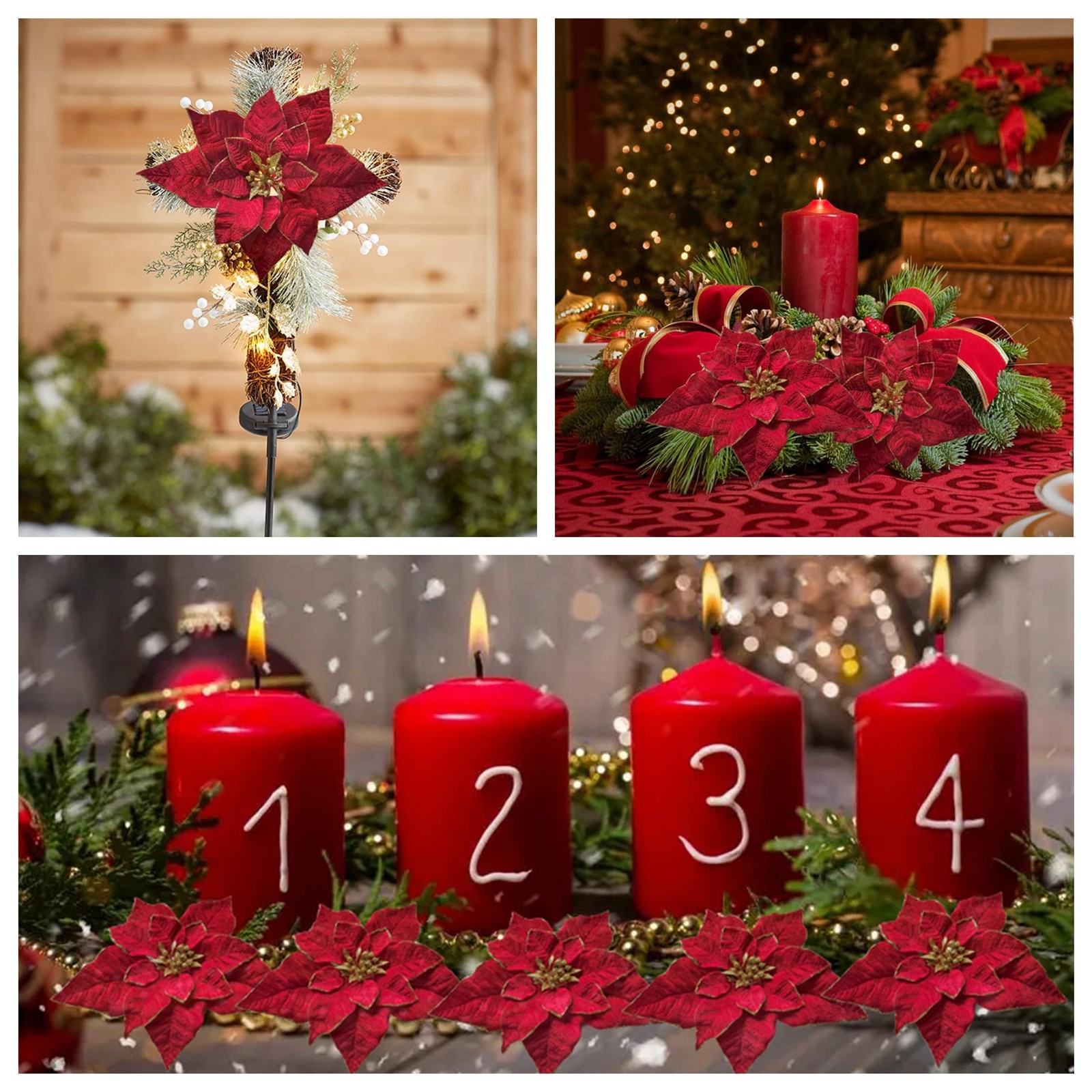 Artificial Christmas Flowers Red Velvet Poinsettia Floral Picks for Christmas…