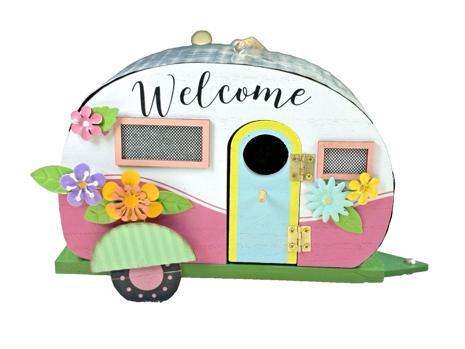 Retro Style Flowered Camper Bird House 6x10x3″ Wood & Metal Not Weather Resist