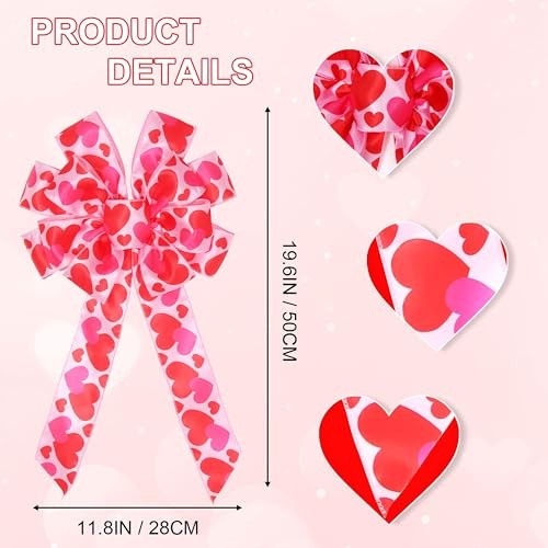 2Pcs Valentine’s Day Bows, Pink Valentine’s Day Wreath Bow Pink Heart Printed