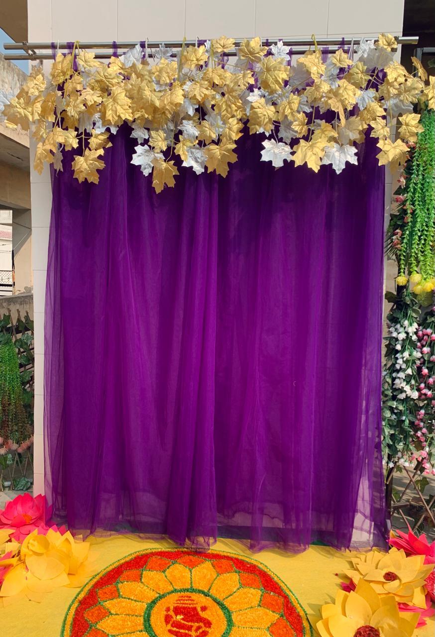 Purple Decoration Backdrop Fabric With Gold & Silver Maple Leaves Party Backdrop