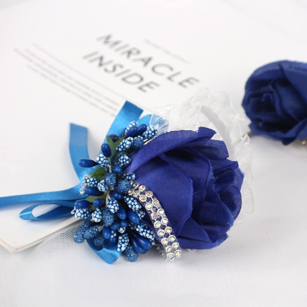 2 PCS Rose Wrist Corsage And Boutonniere Set Blue Wedding Prom Hand Flower