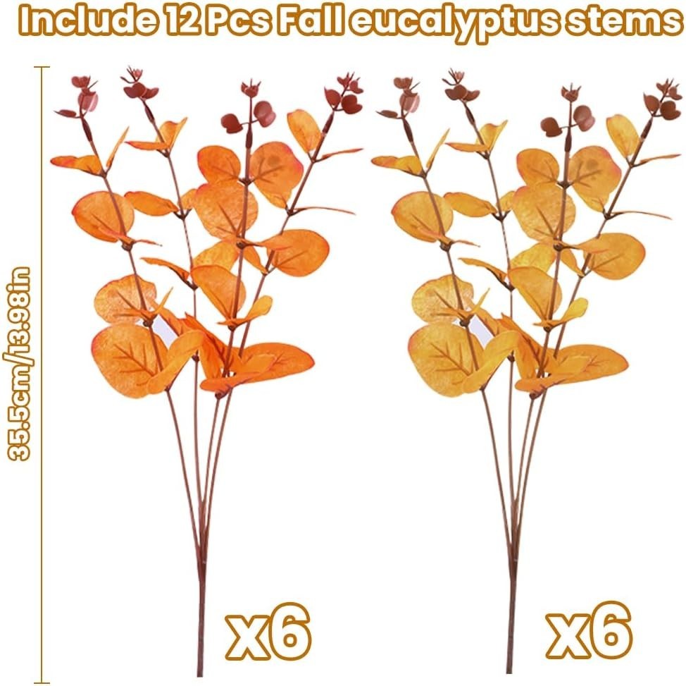 12 Pcs Orange Eucalyptus Stems – Fall Artificial Flowers for Autumn Decoration